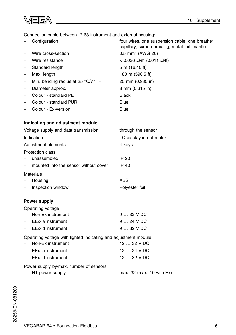 VEGA VEGABAR 64 Foundation Fieldbus User Manual | Page 61 / 80
