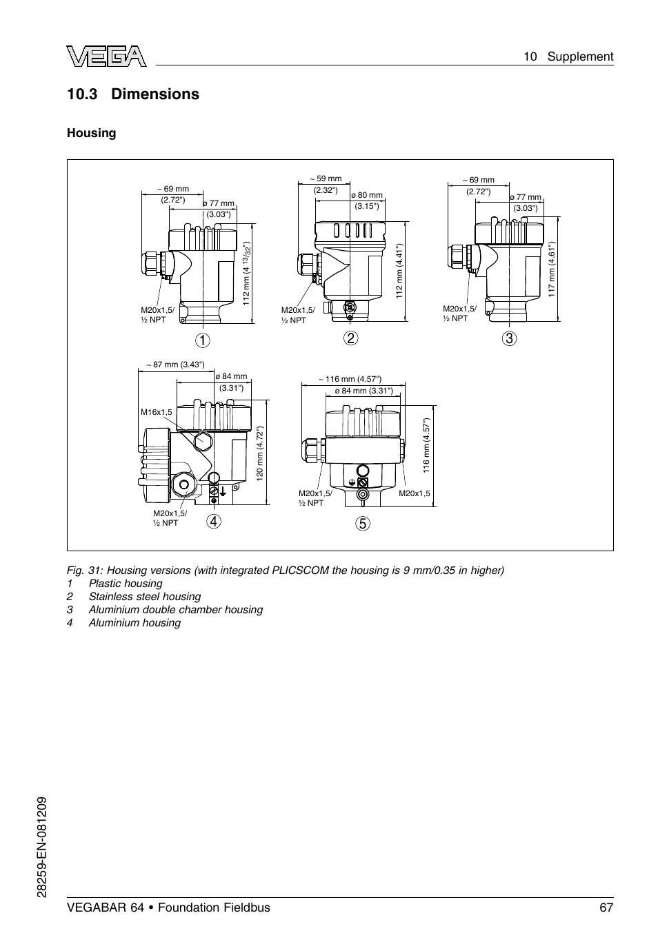 3 dimensions, Housing | VEGA VEGABAR 64 Foundation Fieldbus User Manual | Page 67 / 80