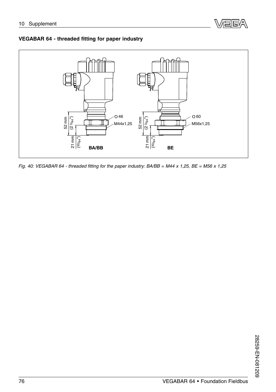 Vegabar 64 - threaded ﬁtting for paper industry | VEGA VEGABAR 64 Foundation Fieldbus User Manual | Page 76 / 80