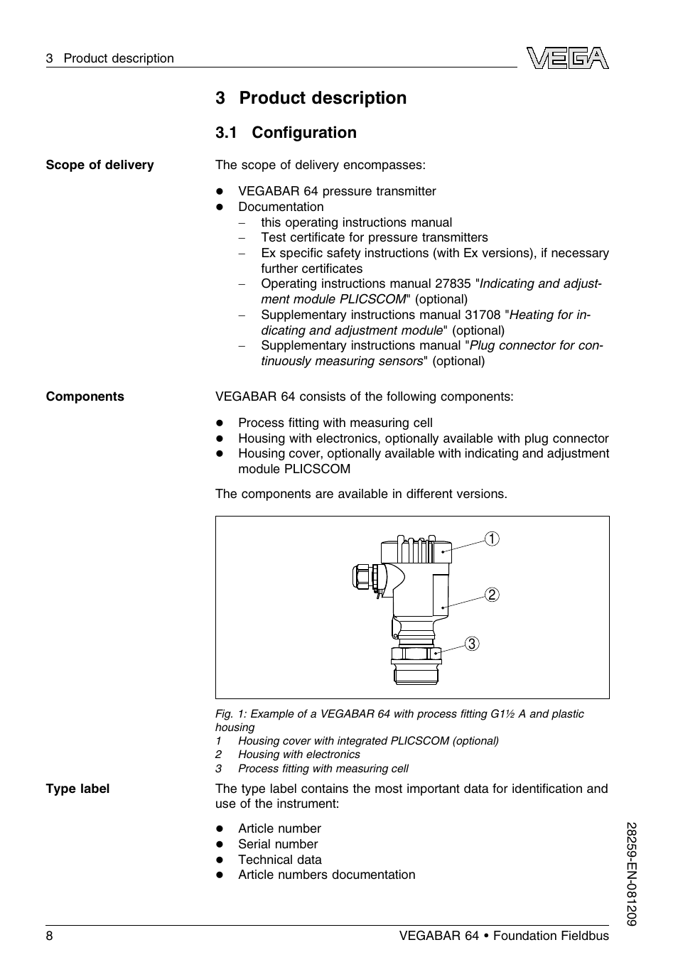 3 product description, 1 configuration, 1 conﬁguration | VEGA VEGABAR 64 Foundation Fieldbus User Manual | Page 8 / 80