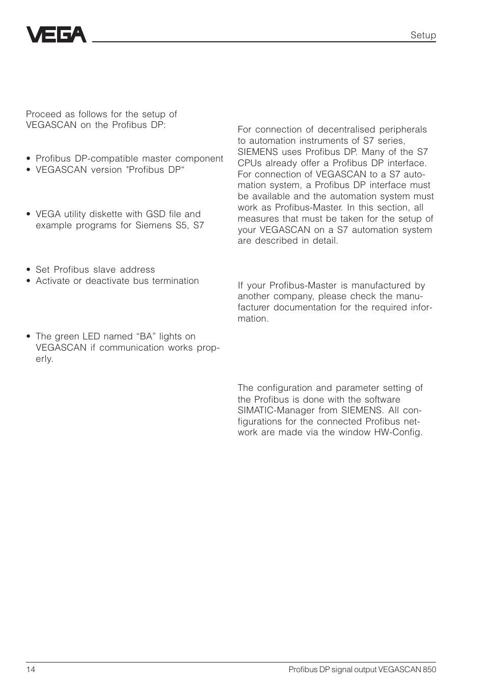 6 setup, 1 setup checklist, 2 setup siemens s7 automation system | VEGA VEGASCAN 850 Profibus DP signal output User Manual | Page 14 / 28