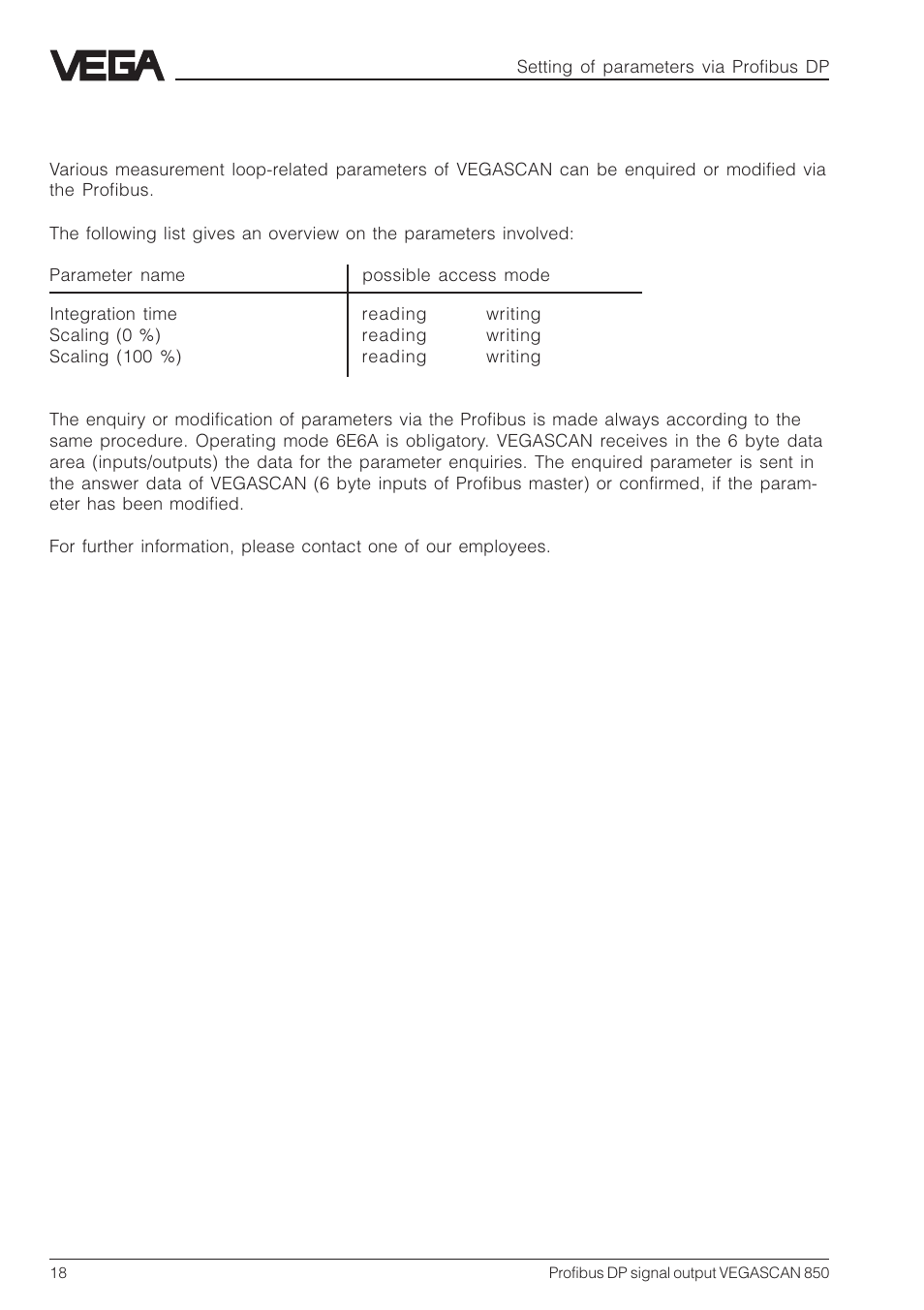 7 setting of parameters via profibus dp | VEGA VEGASCAN 850 Profibus DP signal output User Manual | Page 18 / 28