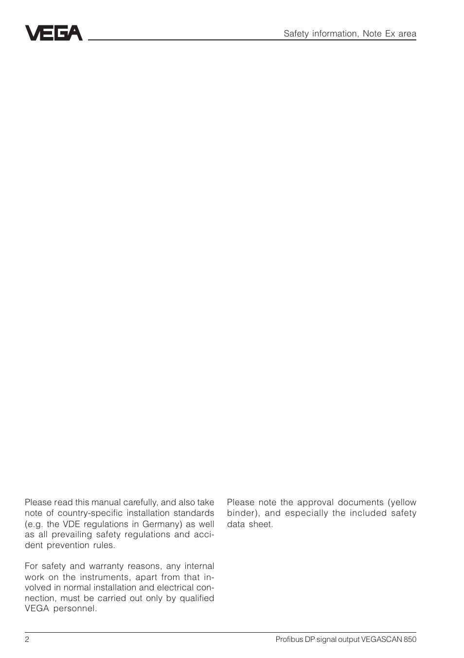 Safety information, Note ex area | VEGA VEGASCAN 850 Profibus DP signal output User Manual | Page 2 / 28