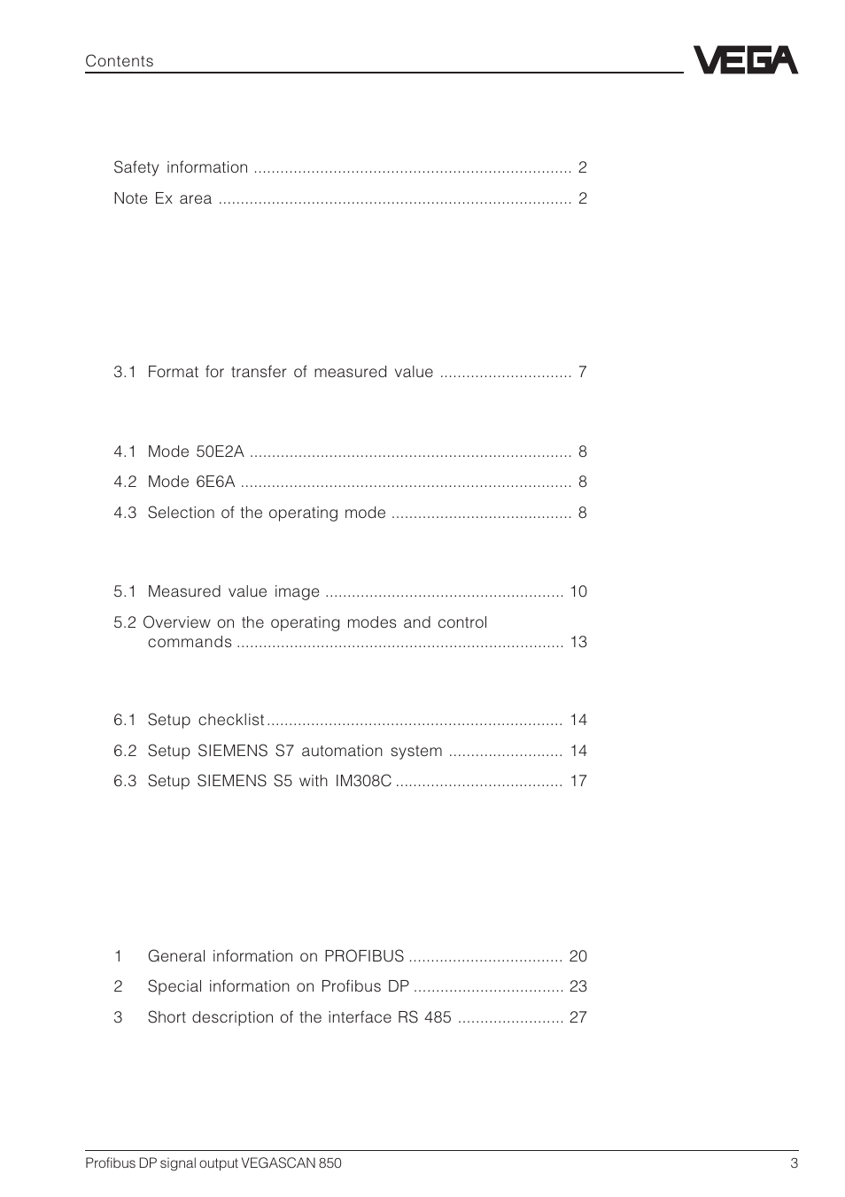 VEGA VEGASCAN 850 Profibus DP signal output User Manual | Page 3 / 28