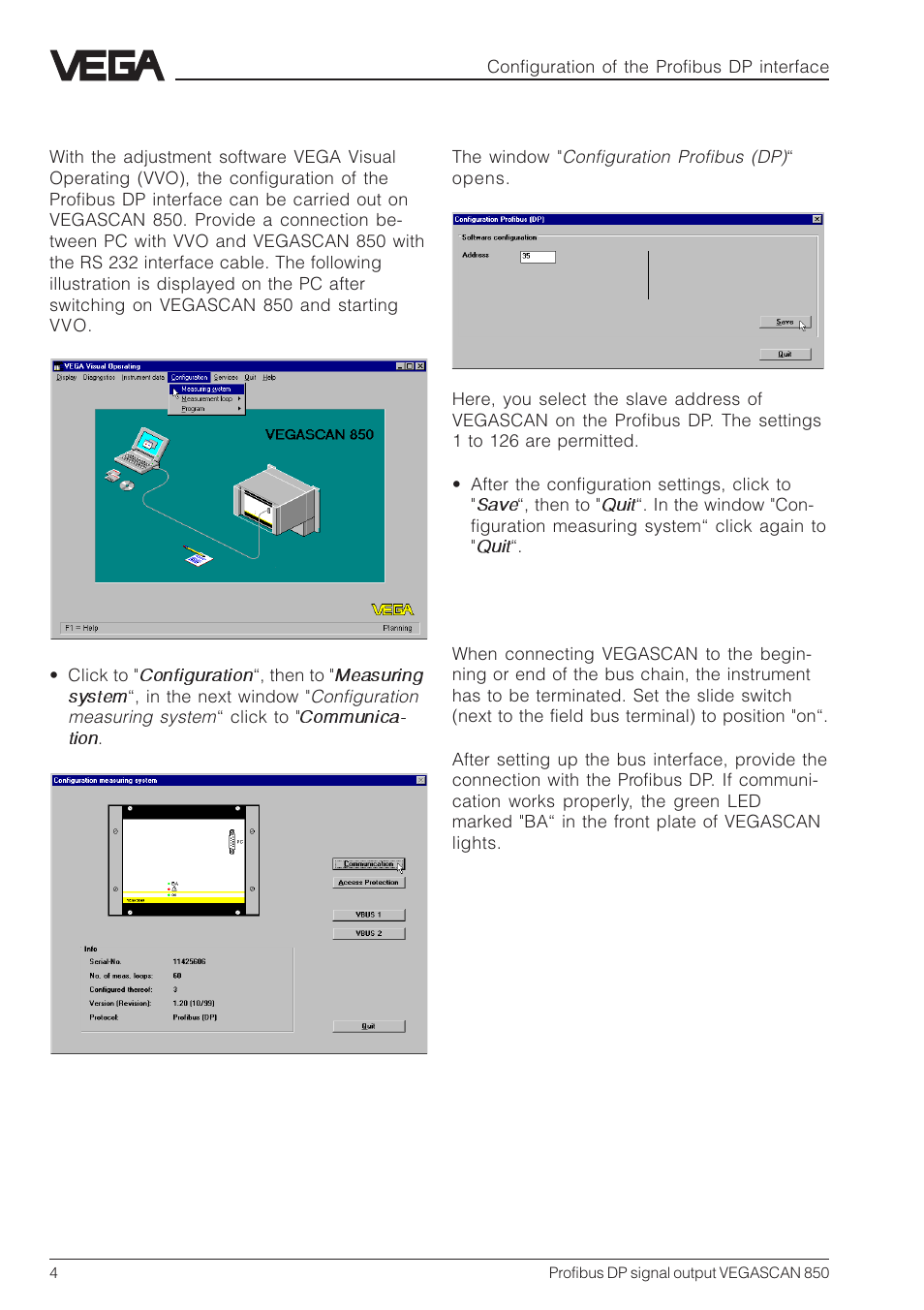 1 configuration of the profibus dp interface | VEGA VEGASCAN 850 Profibus DP signal output User Manual | Page 4 / 28