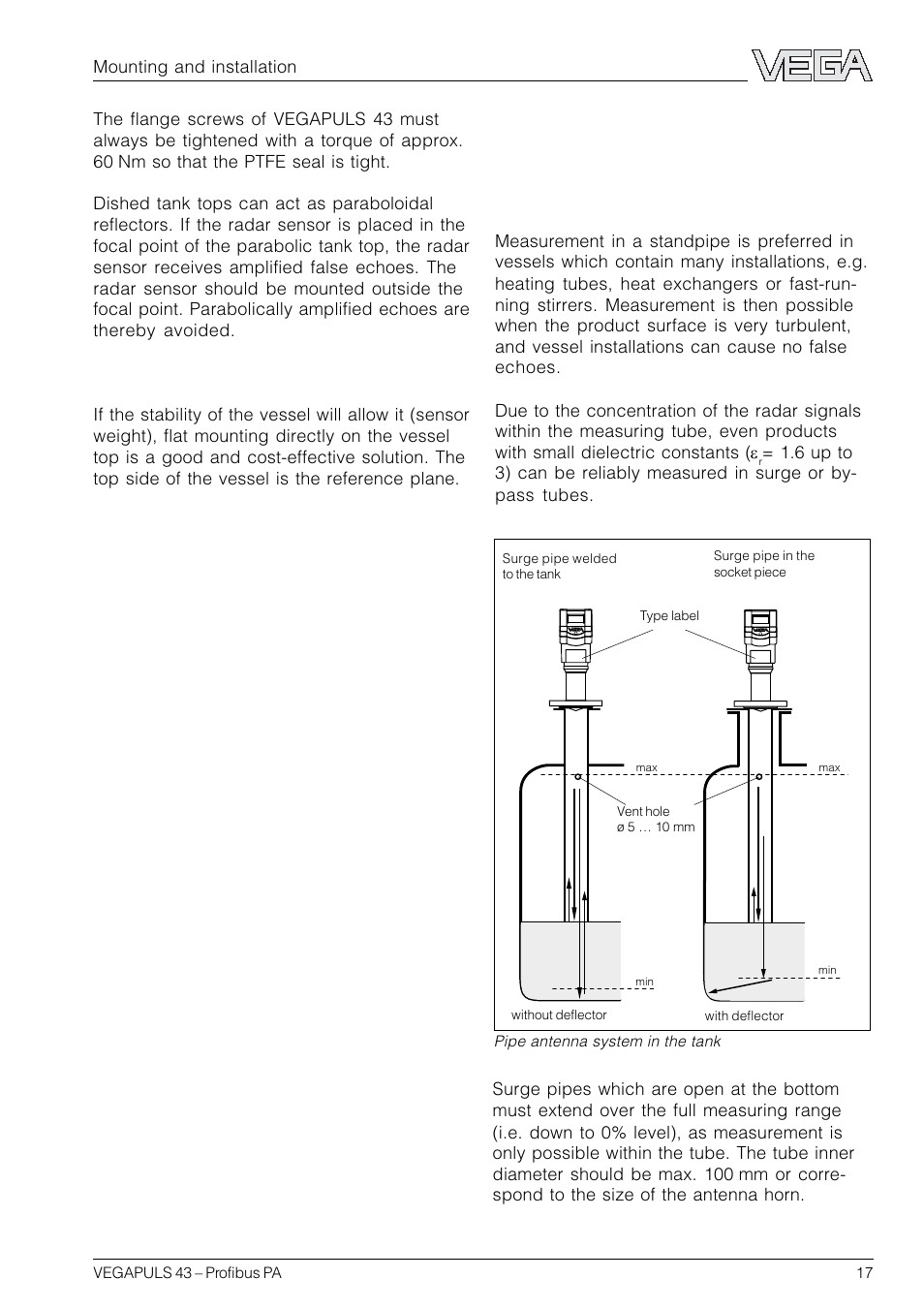 3 measurement in standpipe (surge or bypass tube), General instructions | VEGA VEGAPULS 43 Profibus PA User Manual | Page 17 / 60