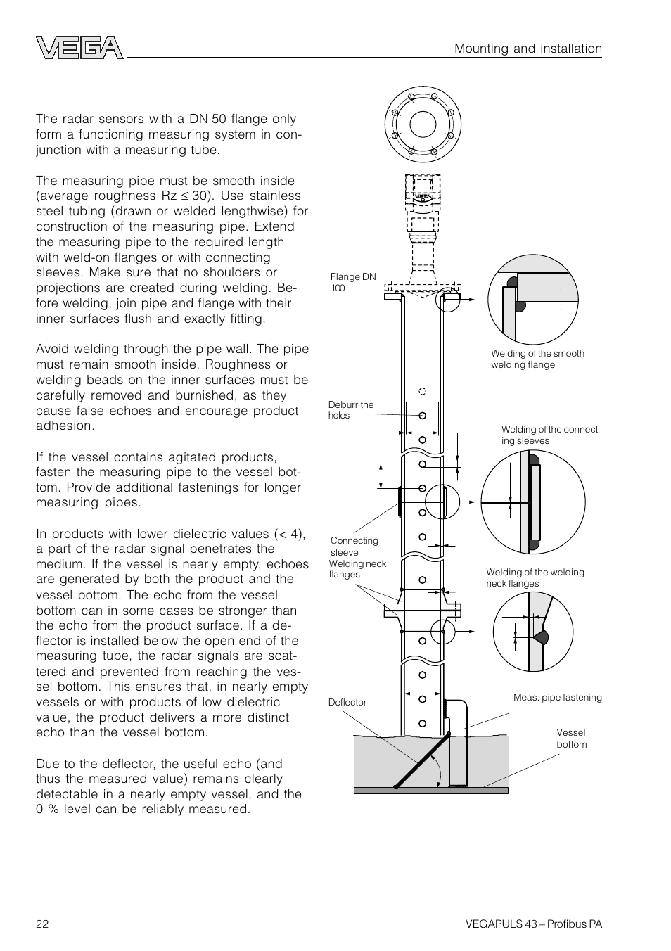 Guidelines for standpipe construction, Mounting and installation | VEGA VEGAPULS 43 Profibus PA User Manual | Page 22 / 60