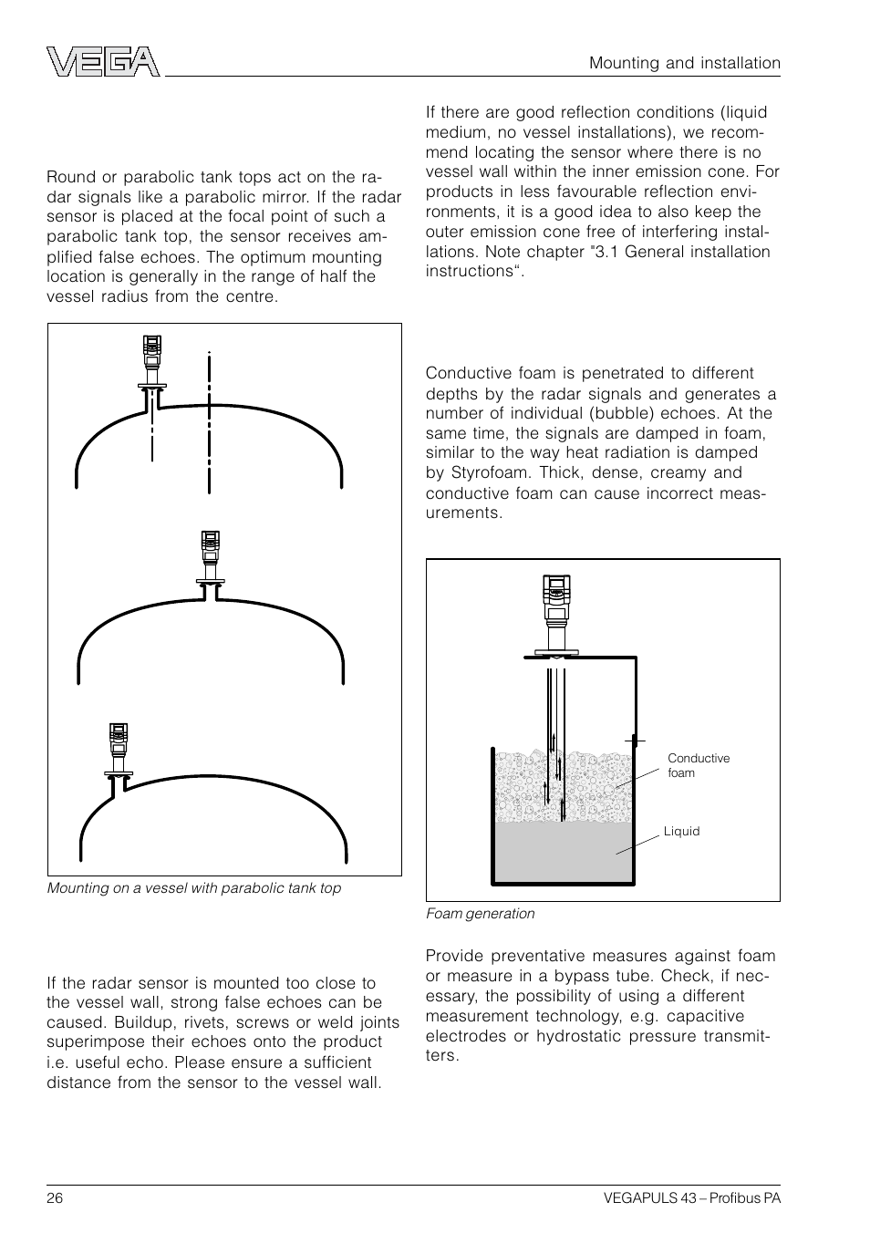 Parabolic effects on dished or arched vessel tops, Sensor too close to the vessel wall, Foam generation | VEGA VEGAPULS 43 Profibus PA User Manual | Page 26 / 60