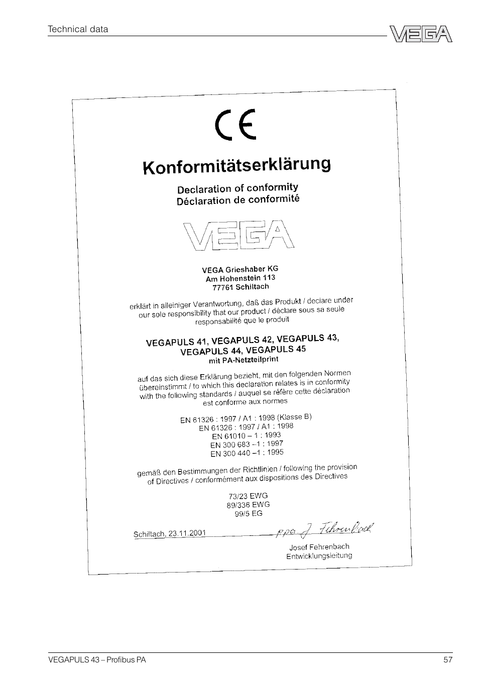 5 ce conformity declaration | VEGA VEGAPULS 43 Profibus PA User Manual | Page 57 / 60