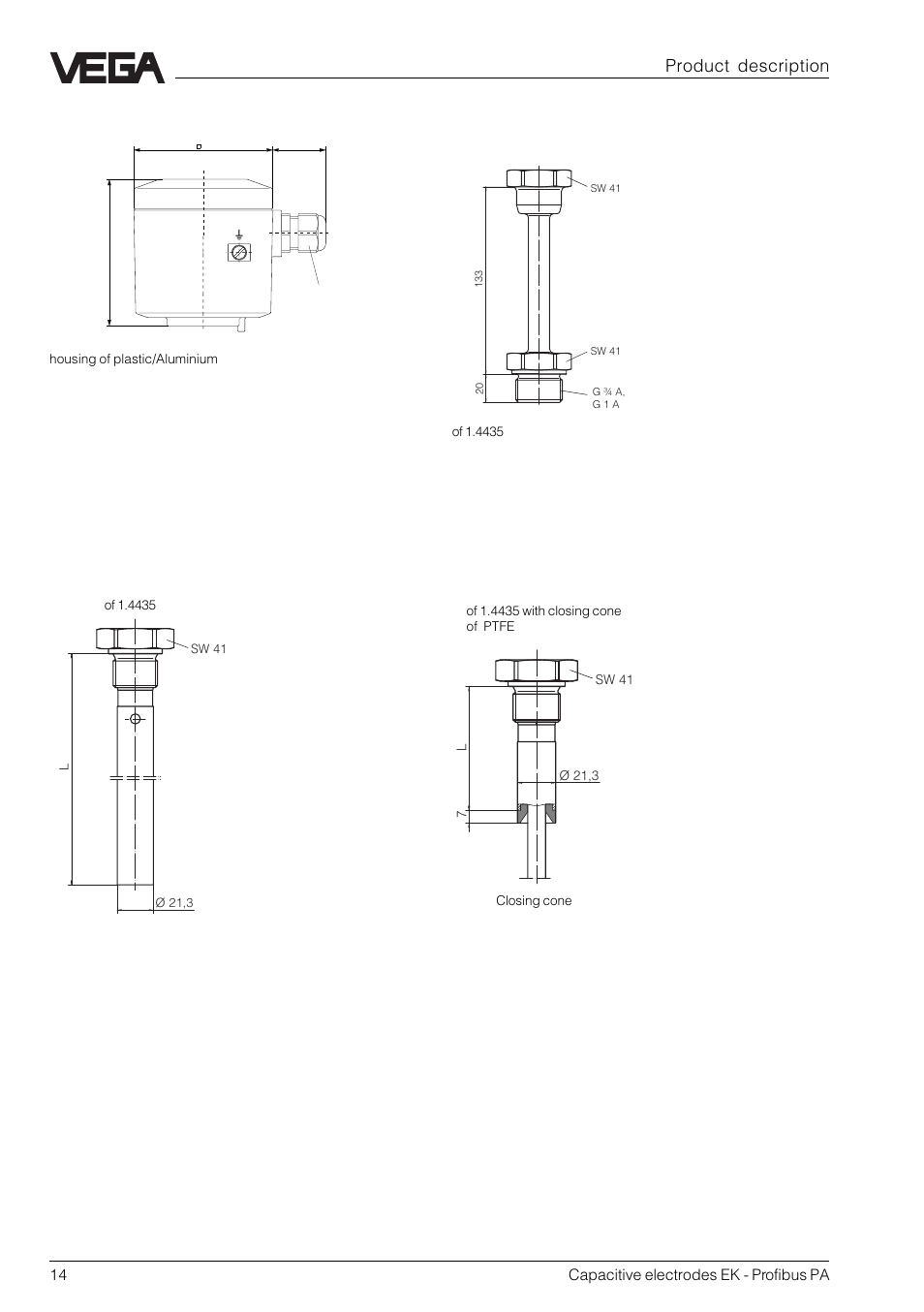 Product description housing temperature adapter, Concentric tube screening tube | VEGA Capacitive electrodes EK Profibus PA User Manual | Page 14 / 56