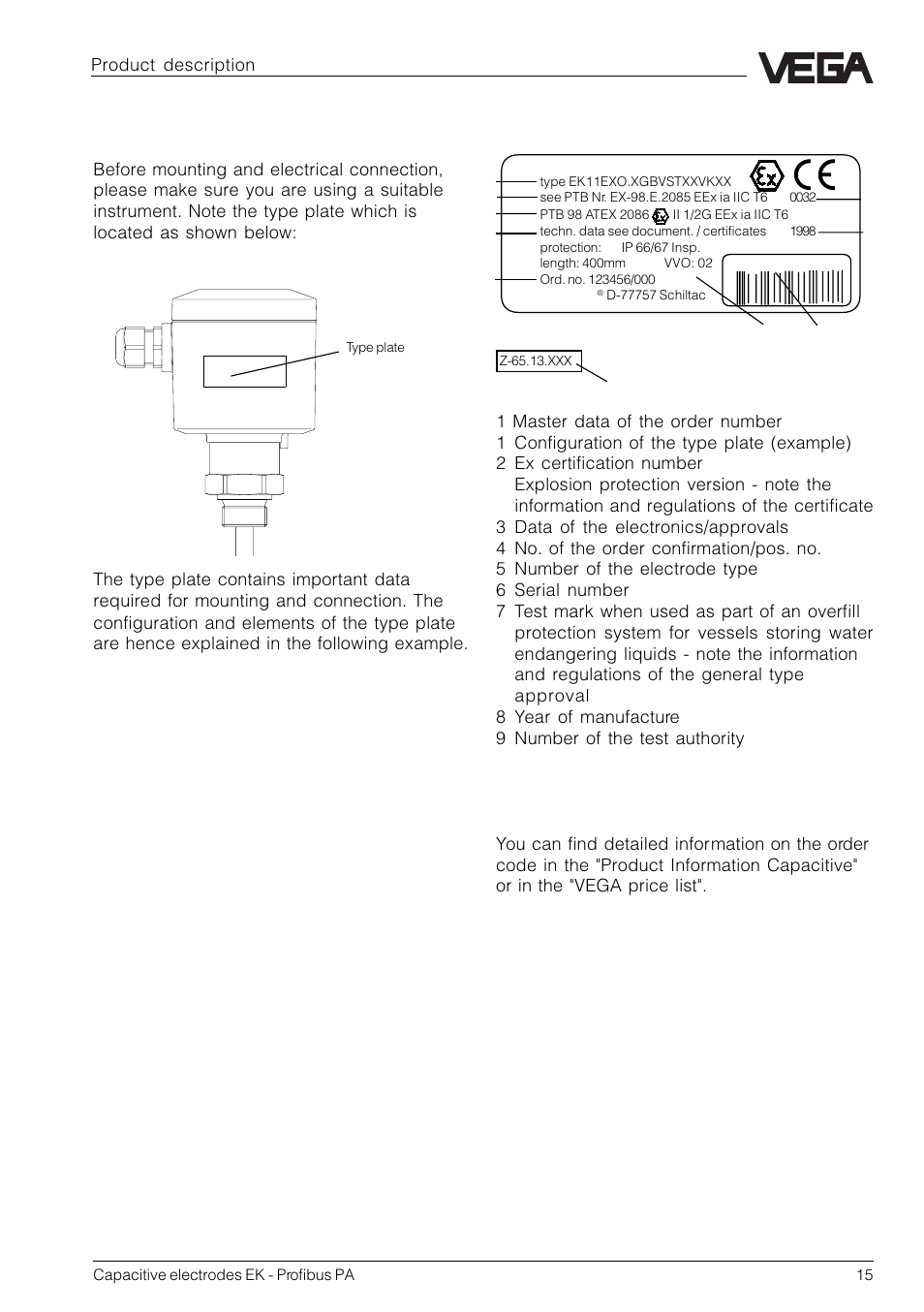 6 type plate, Vega, Ek 11 | VEGA Capacitive electrodes EK Profibus PA User Manual | Page 15 / 56