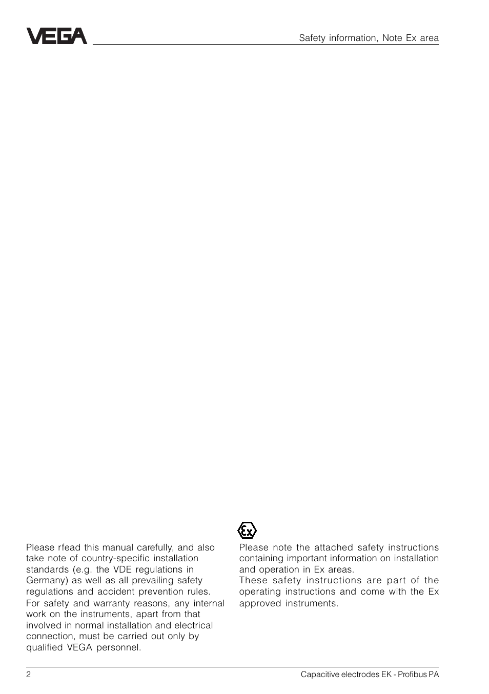 Safety information, Note ex area | VEGA Capacitive electrodes EK Profibus PA User Manual | Page 2 / 56