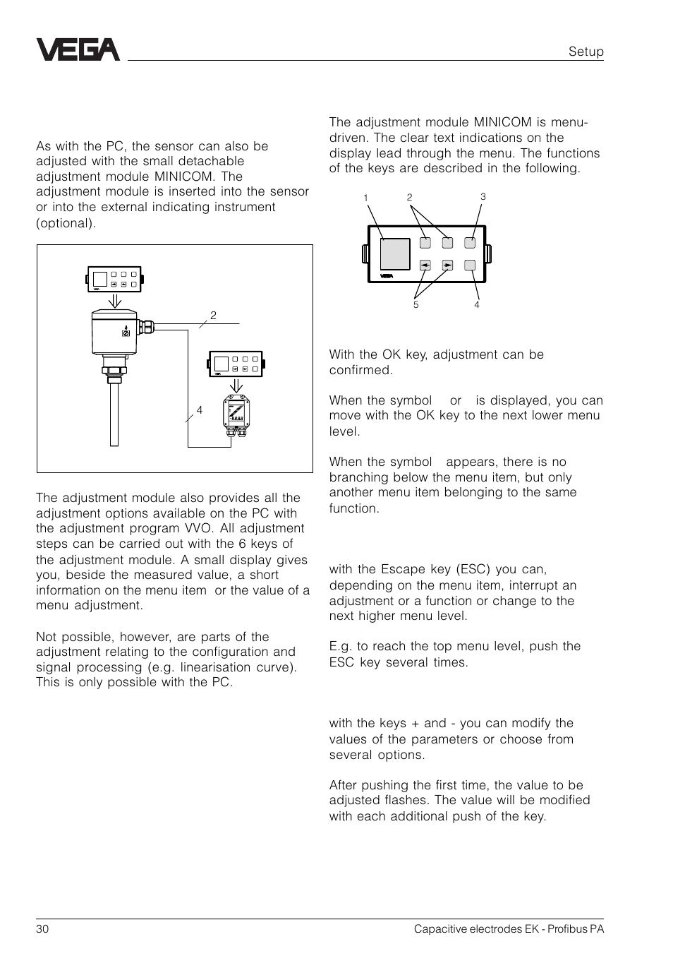 2 adjustment with the adjustment module minicom, Adjustment elements, Setup | VEGA Capacitive electrodes EK Profibus PA User Manual | Page 30 / 56