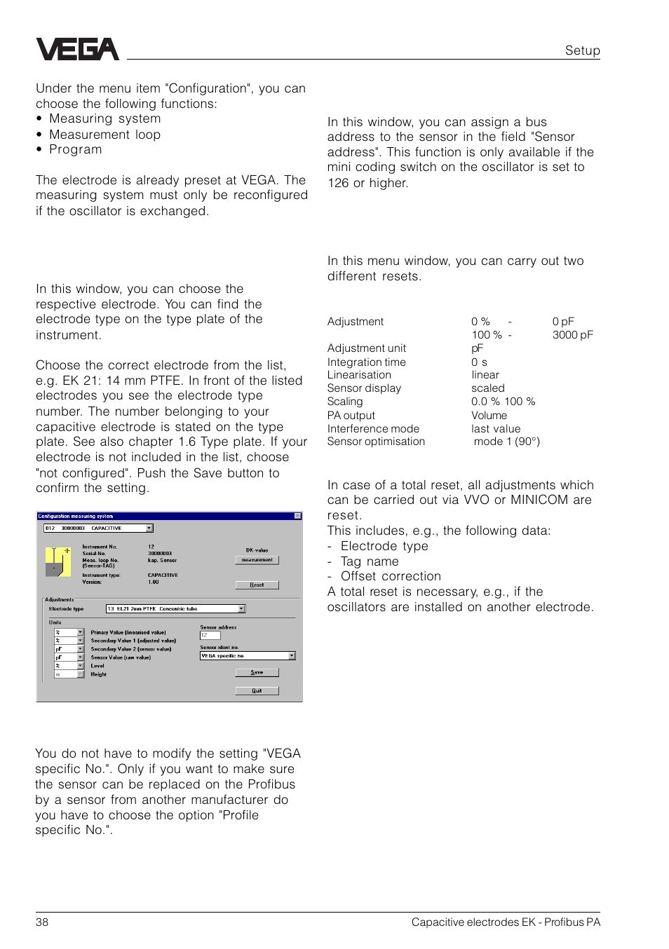 Profibus pa address, Reset, Measuring system | VEGA Capacitive electrodes EK Profibus PA User Manual | Page 38 / 56