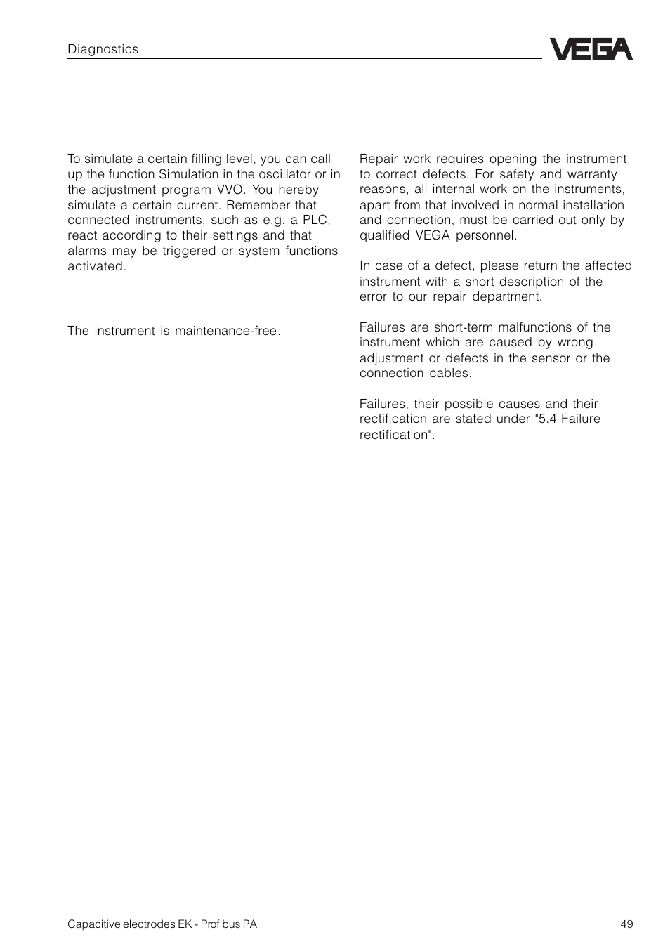 5 diagnostics, 1 simulation, 2 maintenance | 3 repair | VEGA Capacitive electrodes EK Profibus PA User Manual | Page 49 / 56