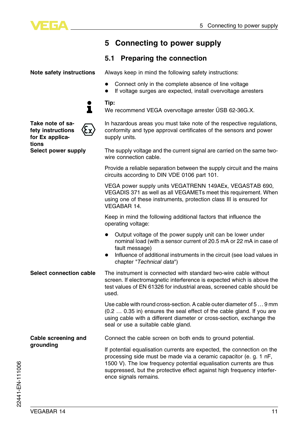 5 connecting to power supply, 1 preparing the connection, 5connecting to power supply | VEGA VEGABAR 14 User Manual | Page 11 / 28