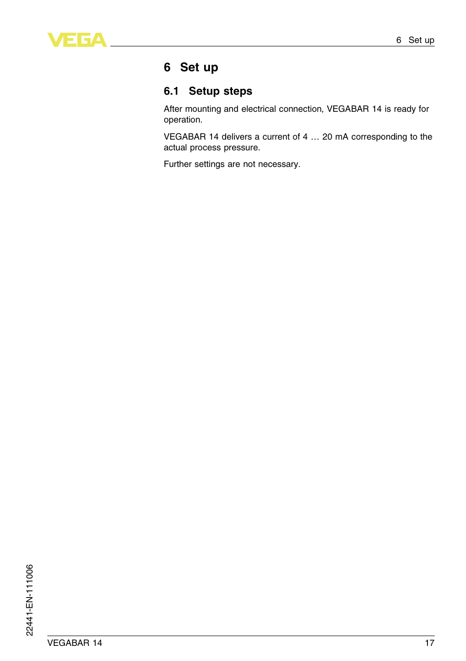 6 set up, 1 setup steps, 6set up | VEGA VEGABAR 14 User Manual | Page 17 / 28