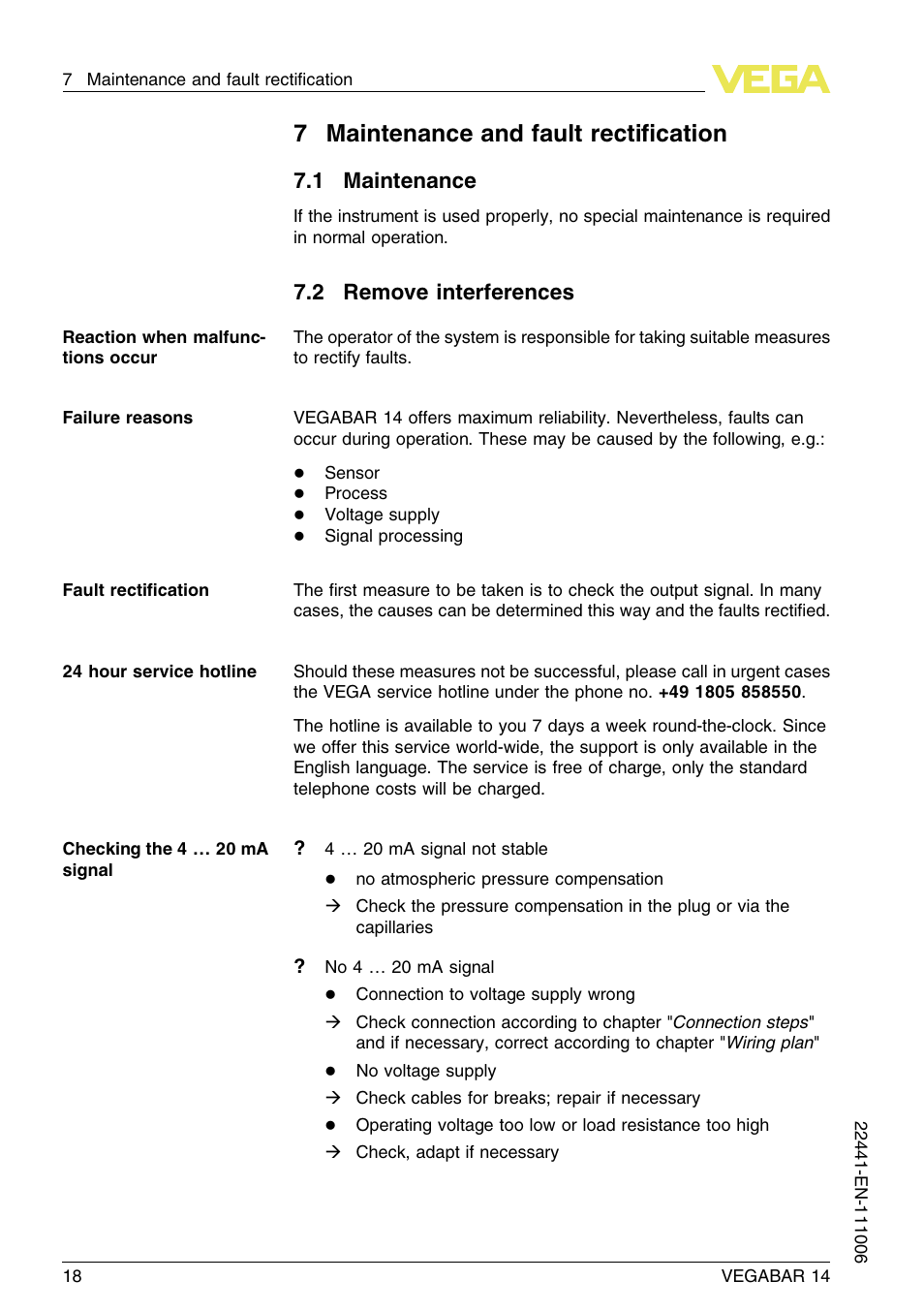 7 maintenance and fault rectification, 1 maintenance, 2 remove interferences | 7maintenance and fault rectiﬁcation | VEGA VEGABAR 14 User Manual | Page 18 / 28