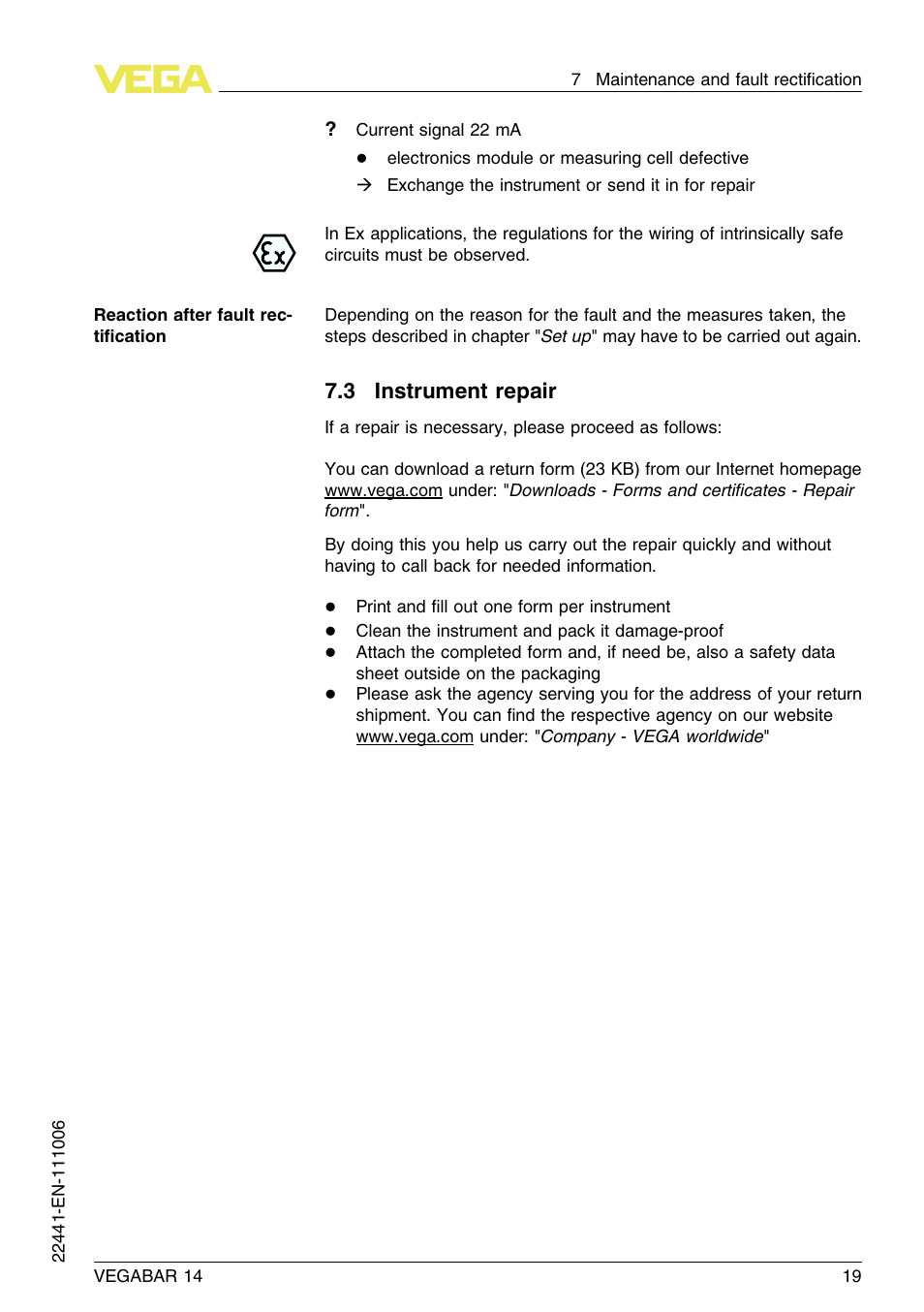 3 instrument repair | VEGA VEGABAR 14 User Manual | Page 19 / 28