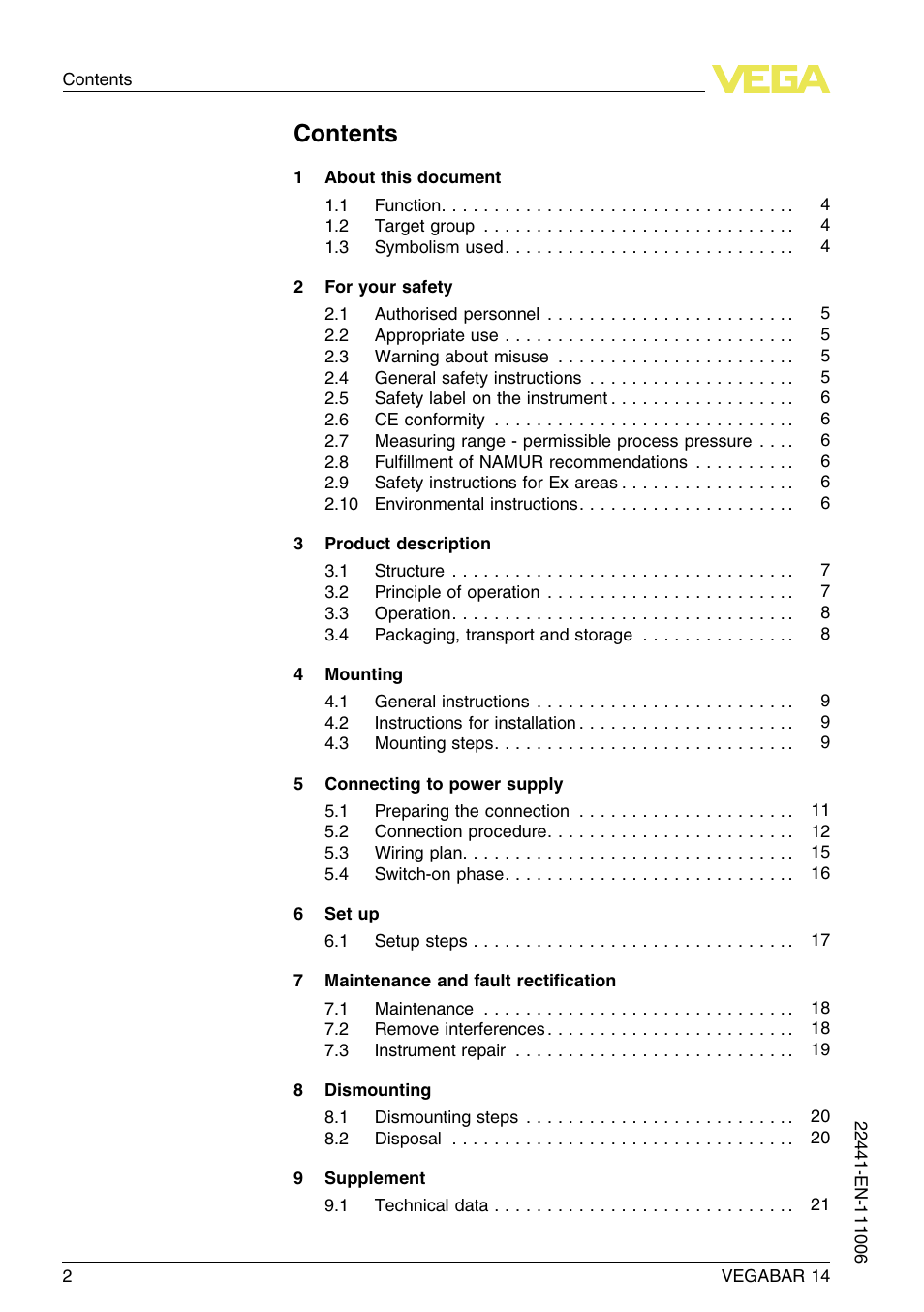 VEGA VEGABAR 14 User Manual | Page 2 / 28