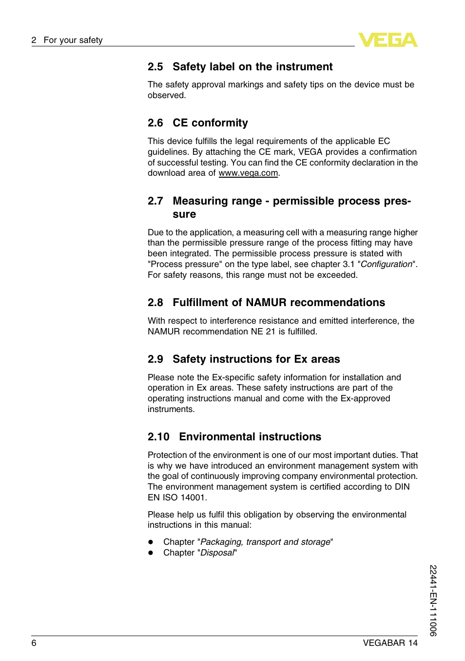 5 safety label on the instrument, 6 ce conformity, 7 measuring range – permissible process pressure | 8 fulfillment of namur recommendations, 9 safety instructions for ex areas, 10 environmental instructions | VEGA VEGABAR 14 User Manual | Page 6 / 28