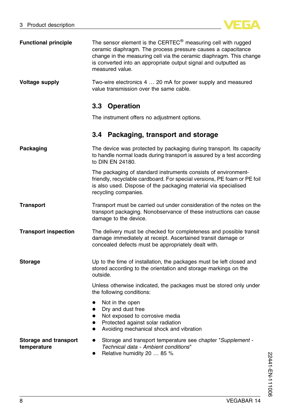 3 operation, 4 packaging, transport and storage | VEGA VEGABAR 14 User Manual | Page 8 / 28