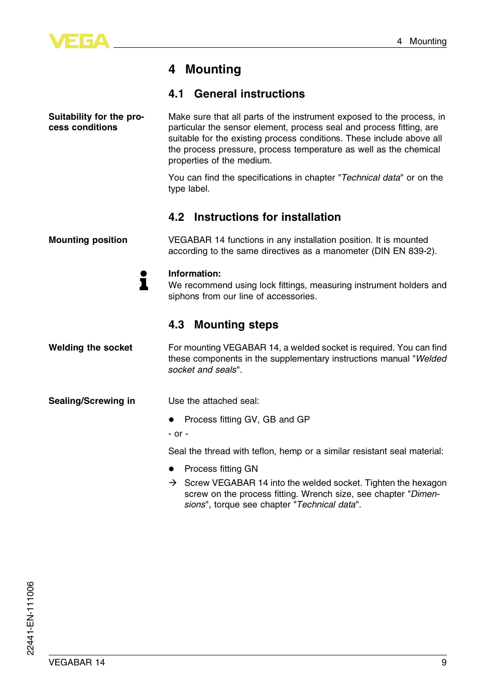 4 mounting, 1 general instructions, 2 instructions for installation | 3 mounting steps, 4mounting | VEGA VEGABAR 14 User Manual | Page 9 / 28