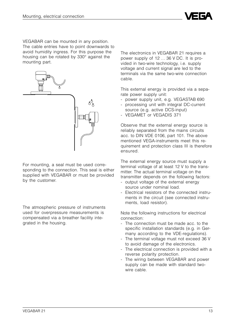 2 mounting, 3 electrical connection, 1 connection information | VEGA VEGABAR 21 User Manual | Page 13 / 28