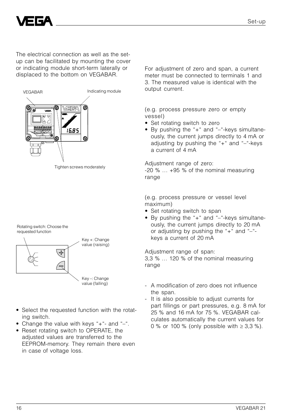 4 set-up, 1 adjustment of the basic functions, Adjustment | Set-up | VEGA VEGABAR 21 User Manual | Page 16 / 28