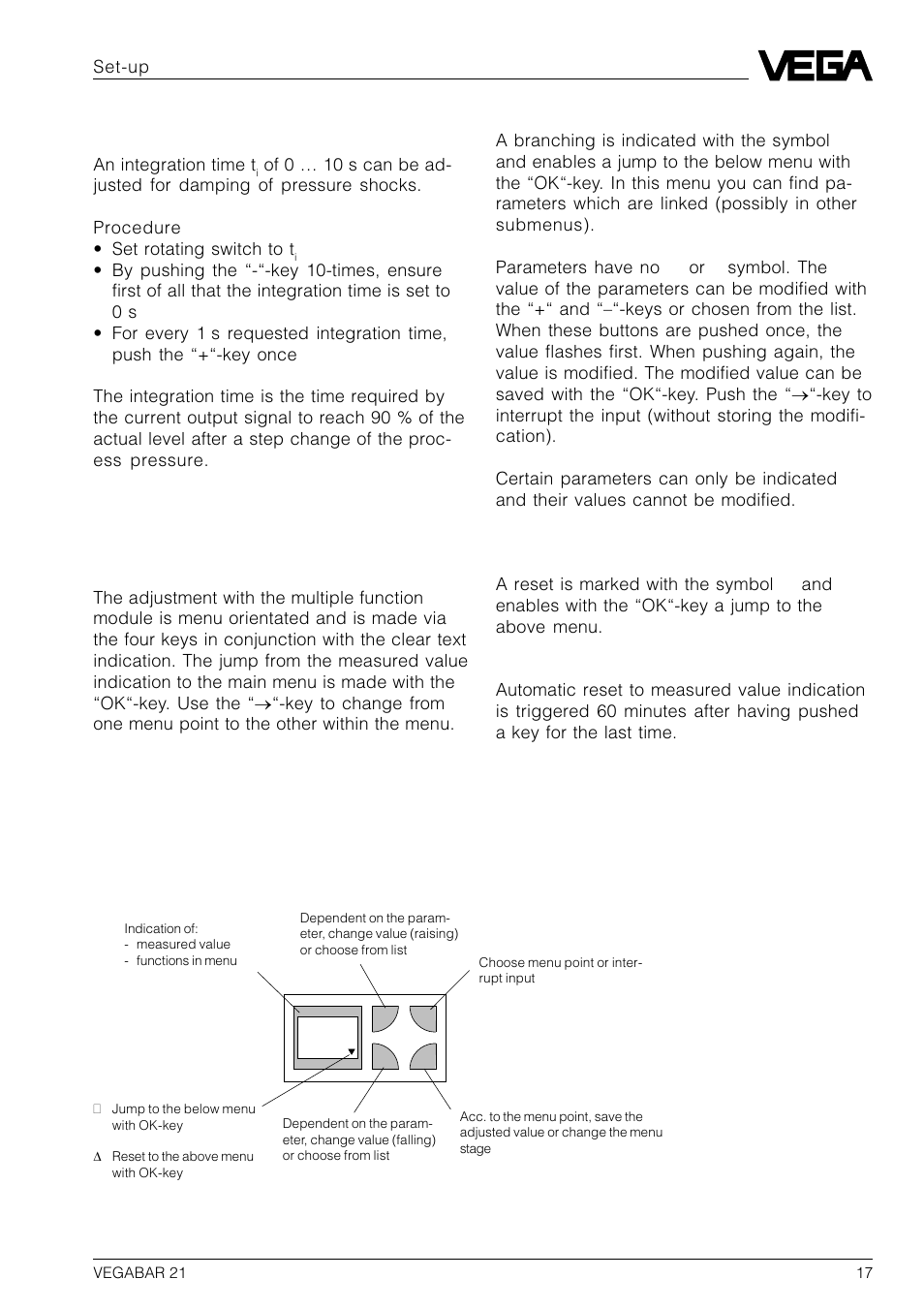 2 menu-guided adjustment with additional functions, Fi adjustment elements integration time | VEGA VEGABAR 21 User Manual | Page 17 / 28