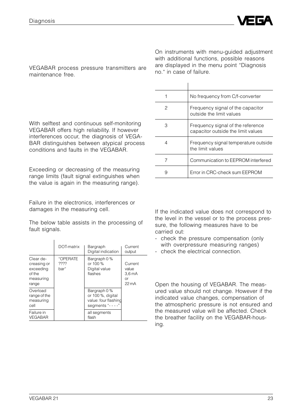 5 diagnosis, 1 maintenance, 2 failure removal | Fault signals, Fault finding | VEGA VEGABAR 21 User Manual | Page 23 / 28