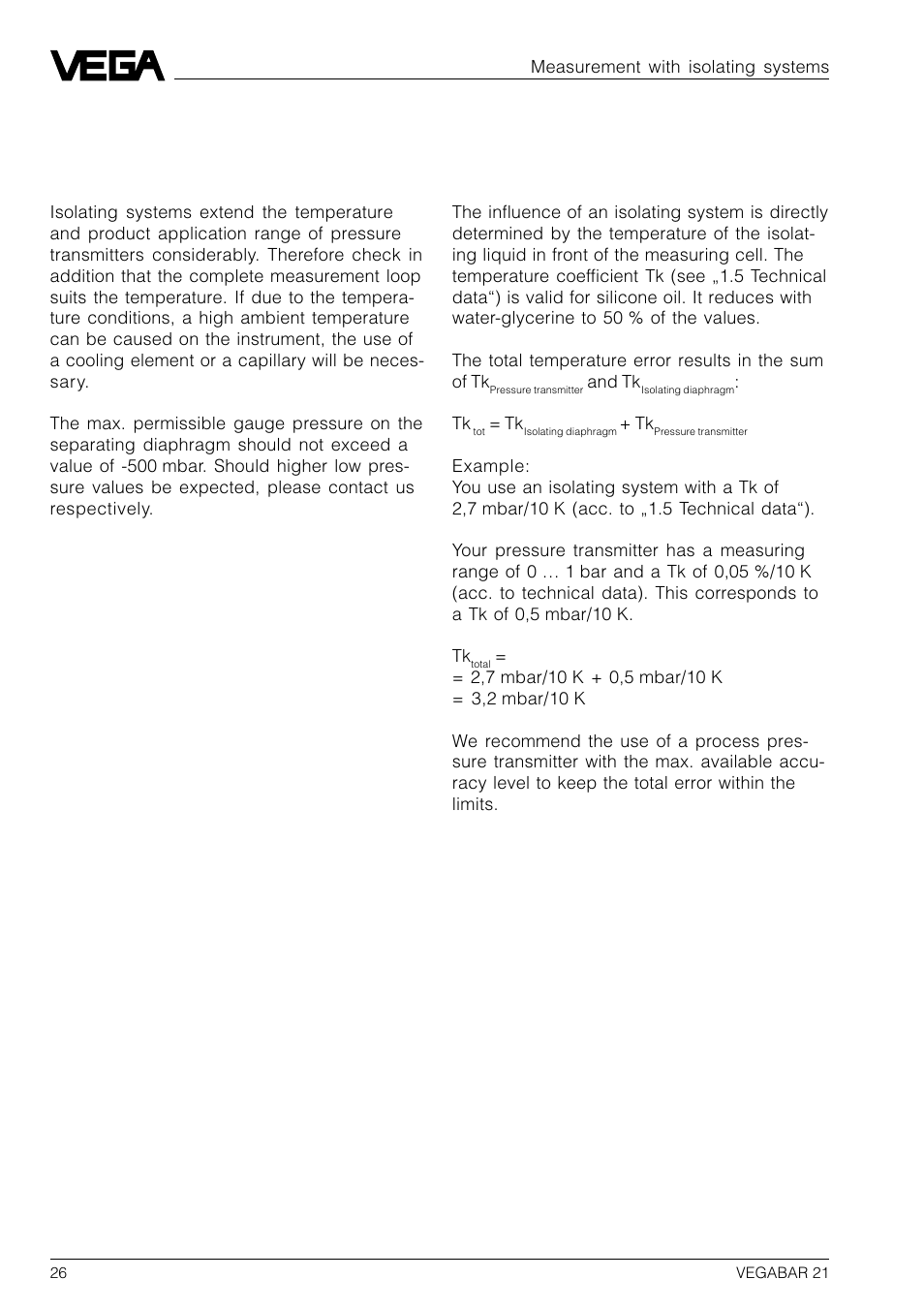 7 measurement with isolating systems, Application limits, Error treatment | VEGA VEGABAR 21 User Manual | Page 26 / 28