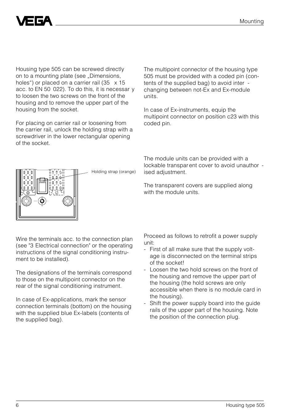2 mounting, 1 general, 2 coding with ex-instruments | 3 transparent cover | VEGA Housing type 505 User Manual | Page 6 / 13