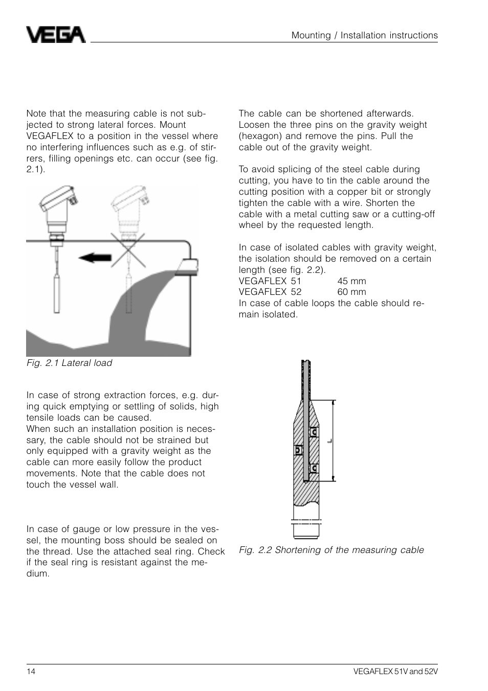 2 mounting, 1 installation instructions | VEGA VEGAFLEX 52V User Manual | Page 14 / 36