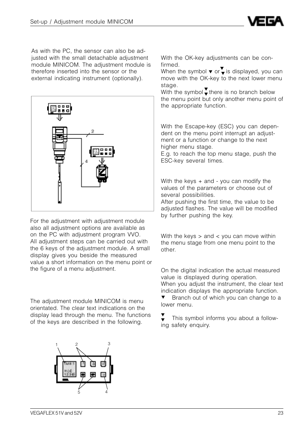 2 adjustment with adjustment module minicom, Adjustment elements | VEGA VEGAFLEX 52V User Manual | Page 23 / 36