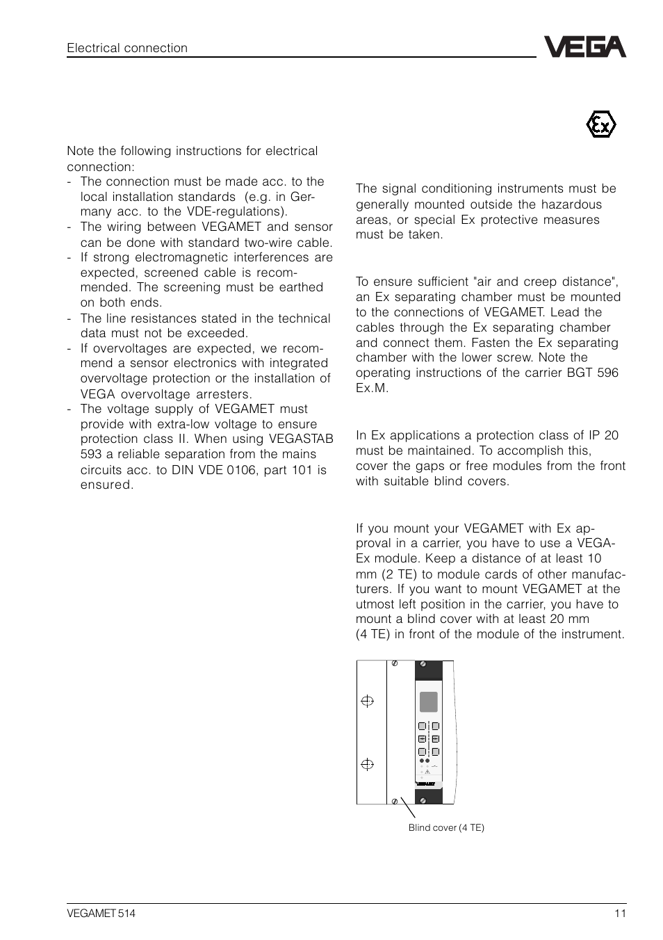 3 electrical connection, 1 connection instructions, Ex separating chamber | Protection in ex applications, Mounting in carriers | VEGA VEGAMET 514 User Manual | Page 11 / 64
