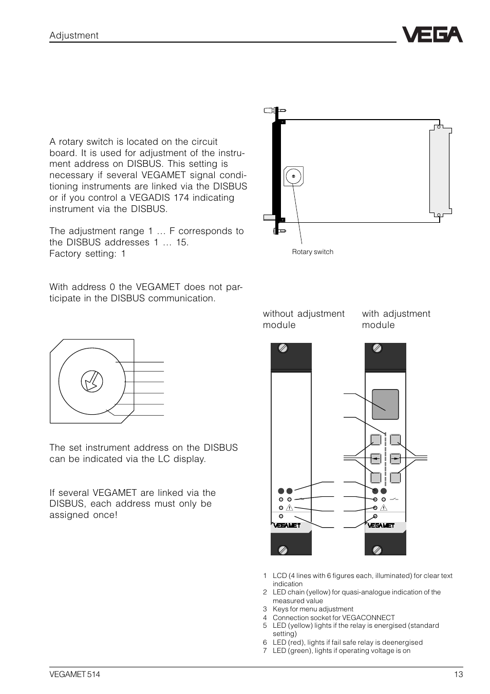 4 adjustment, 1 indicating and adjustment elements, 1 indicating and adjustment ele- ments | Circuit board, Front plate vegamet 514 | VEGA VEGAMET 514 User Manual | Page 13 / 64