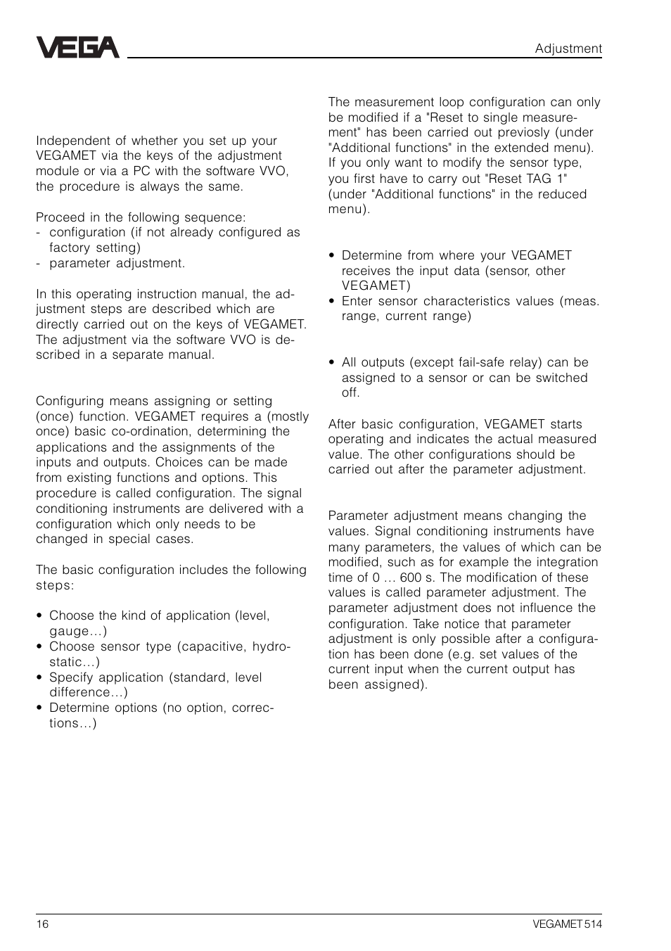4 configuration and parameter adjustment | VEGA VEGAMET 514 User Manual | Page 16 / 64