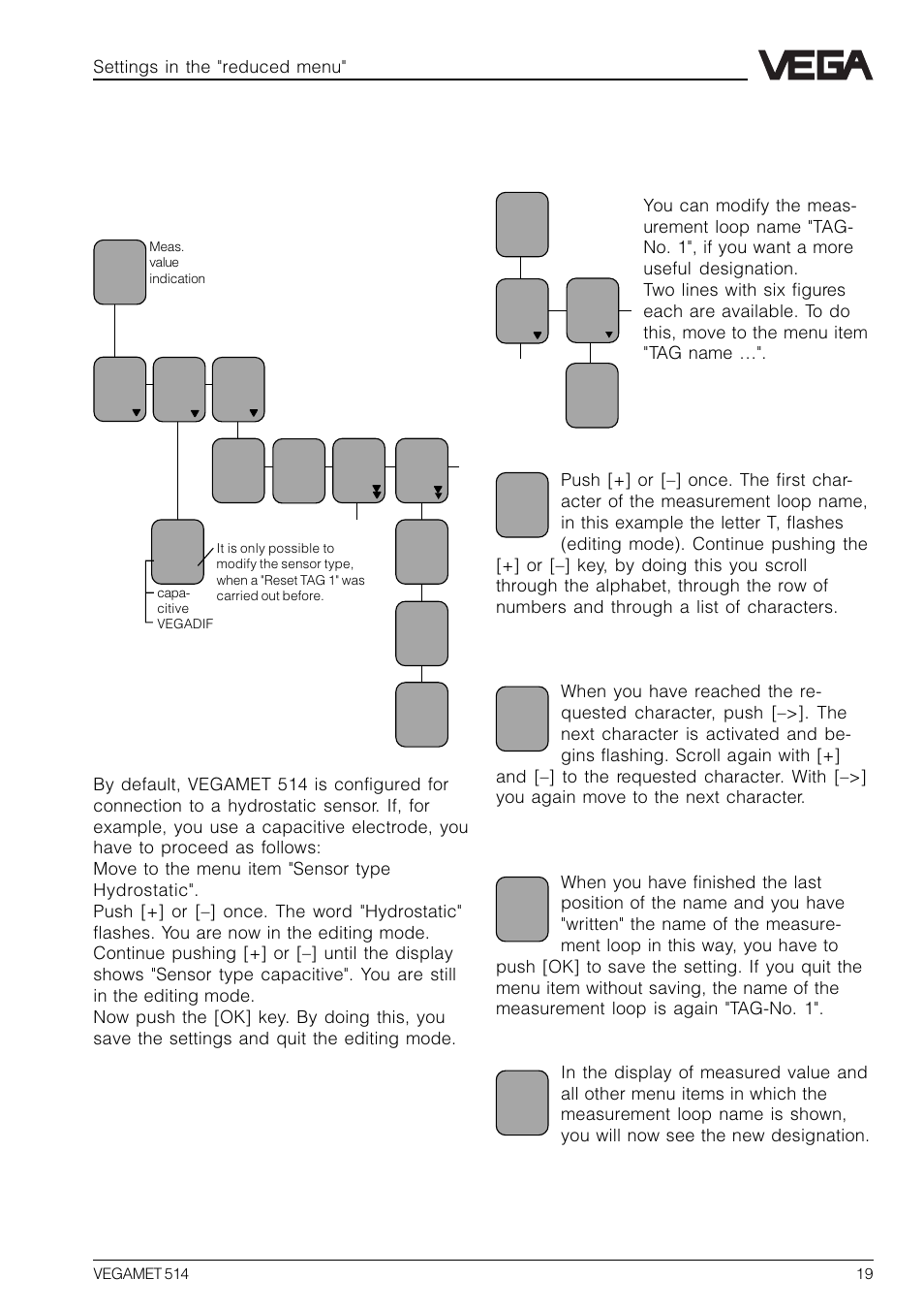 6 settings in the "reduced menu, 1 configuration of measurement loop | VEGA VEGAMET 514 User Manual | Page 19 / 64