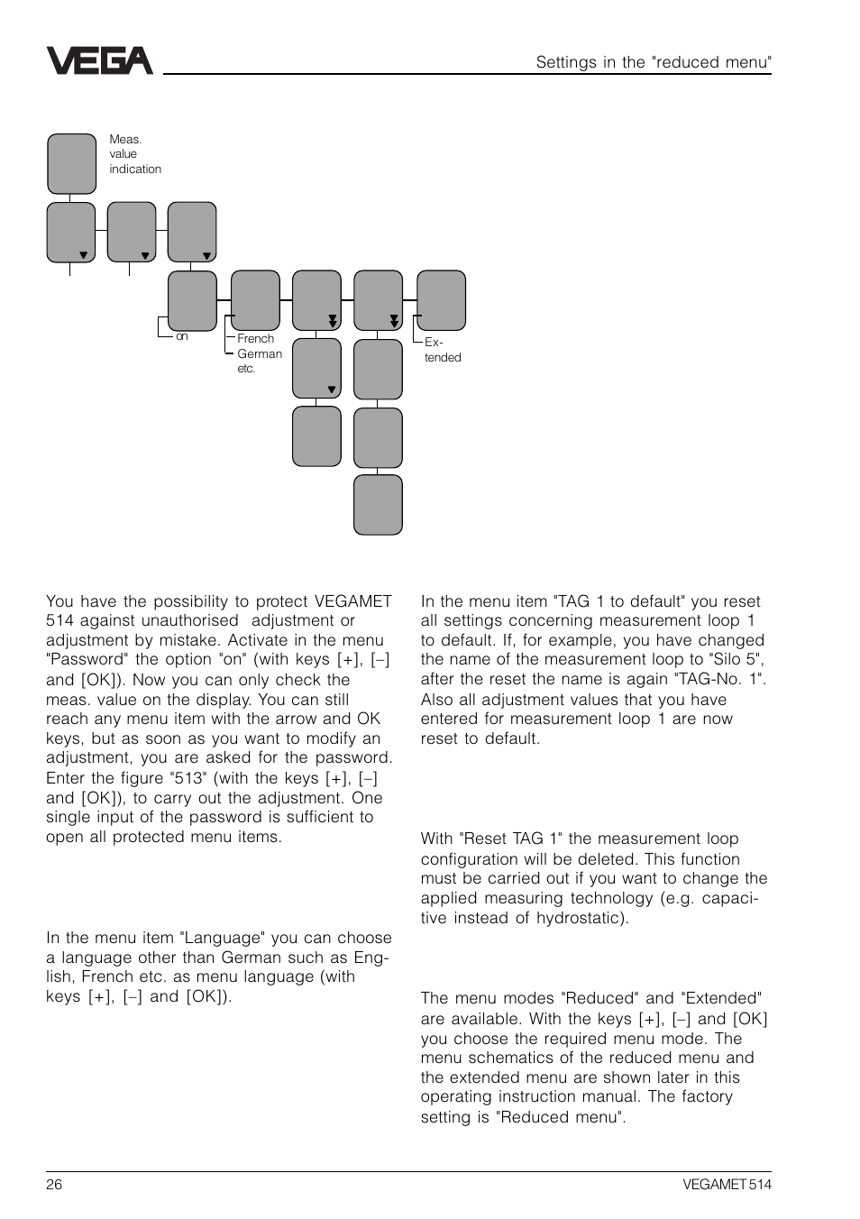 8 password, language, default, reset, menu mode, Password, Language | Default, Reset tag 1, Menu mode | VEGA VEGAMET 514 User Manual | Page 26 / 64