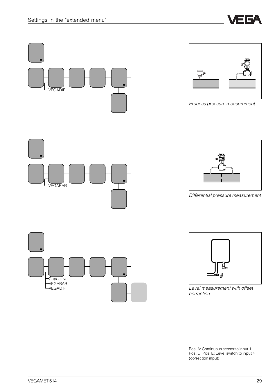 Process pressure measurement, Differential pressure measurement, Level measurement with offset correction | Settings in the "extended menu | VEGA VEGAMET 514 User Manual | Page 29 / 64