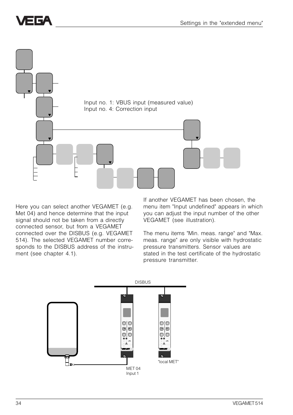 4 configuration of inputs, Settings in the "extended menu | VEGA VEGAMET 514 User Manual | Page 34 / 64