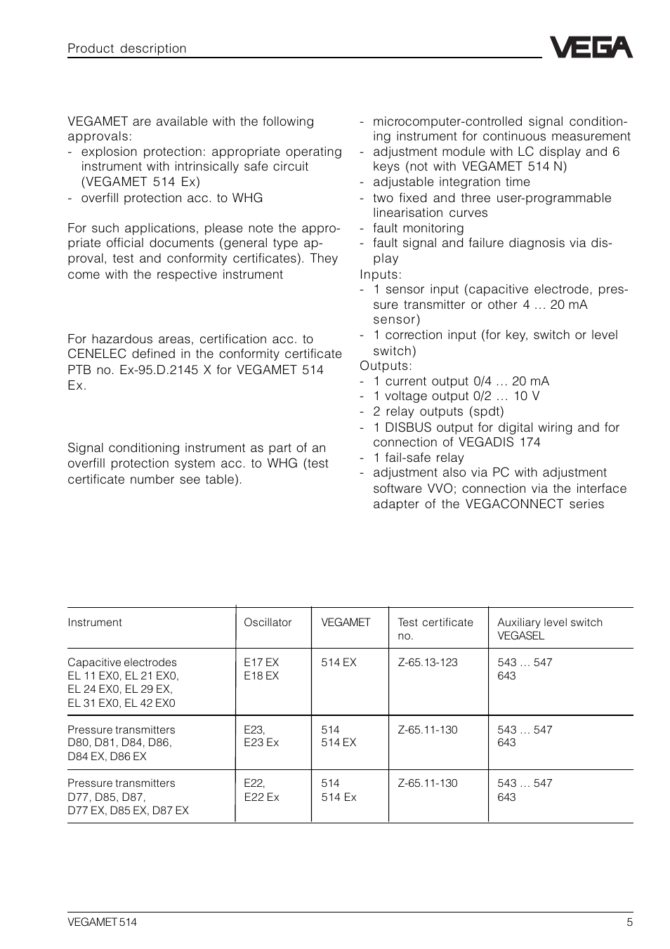 2 approvals, 3 features, Ex approval | Whg approval | VEGA VEGAMET 514 User Manual | Page 5 / 64