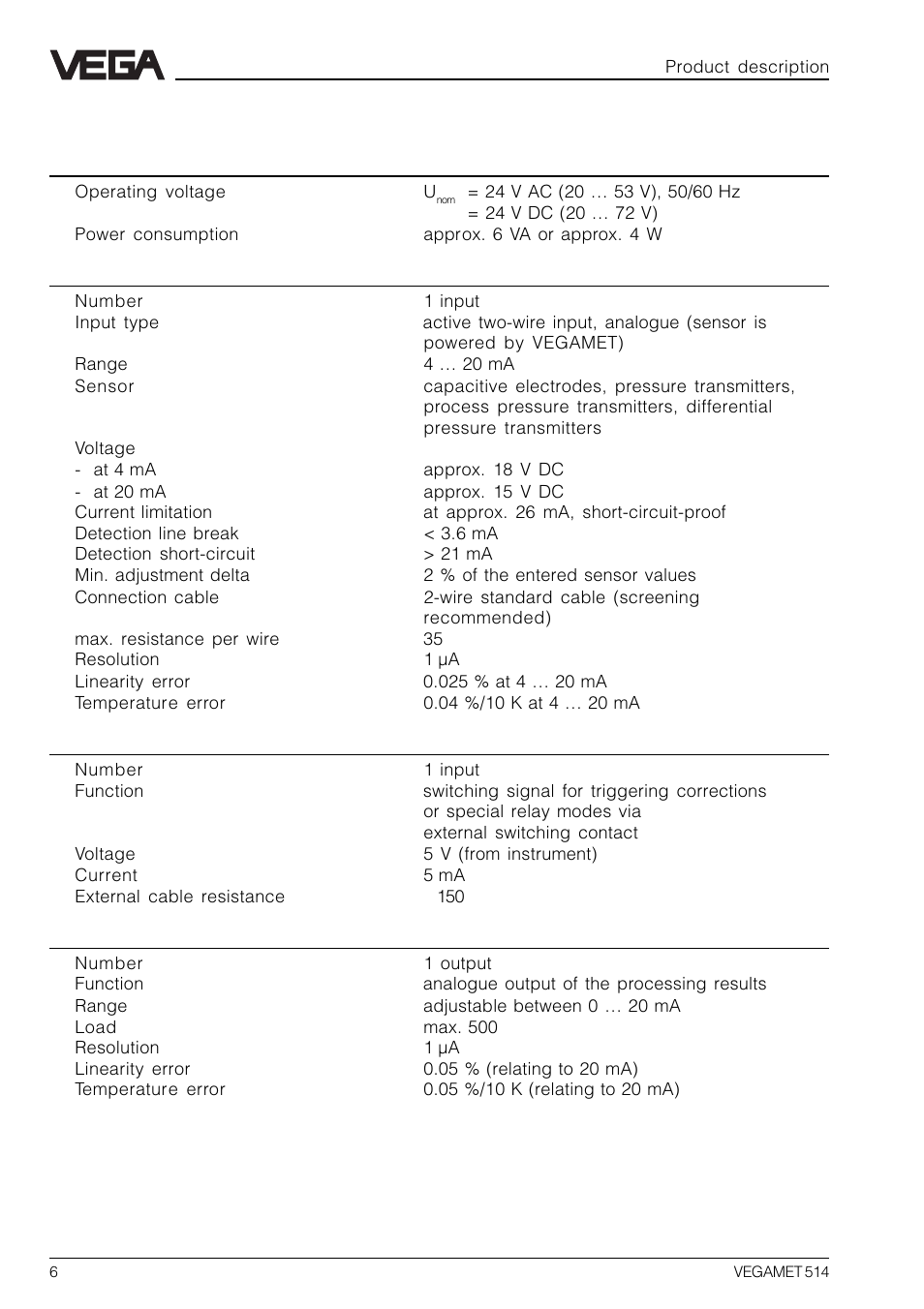 4 technical data | VEGA VEGAMET 514 User Manual | Page 6 / 64