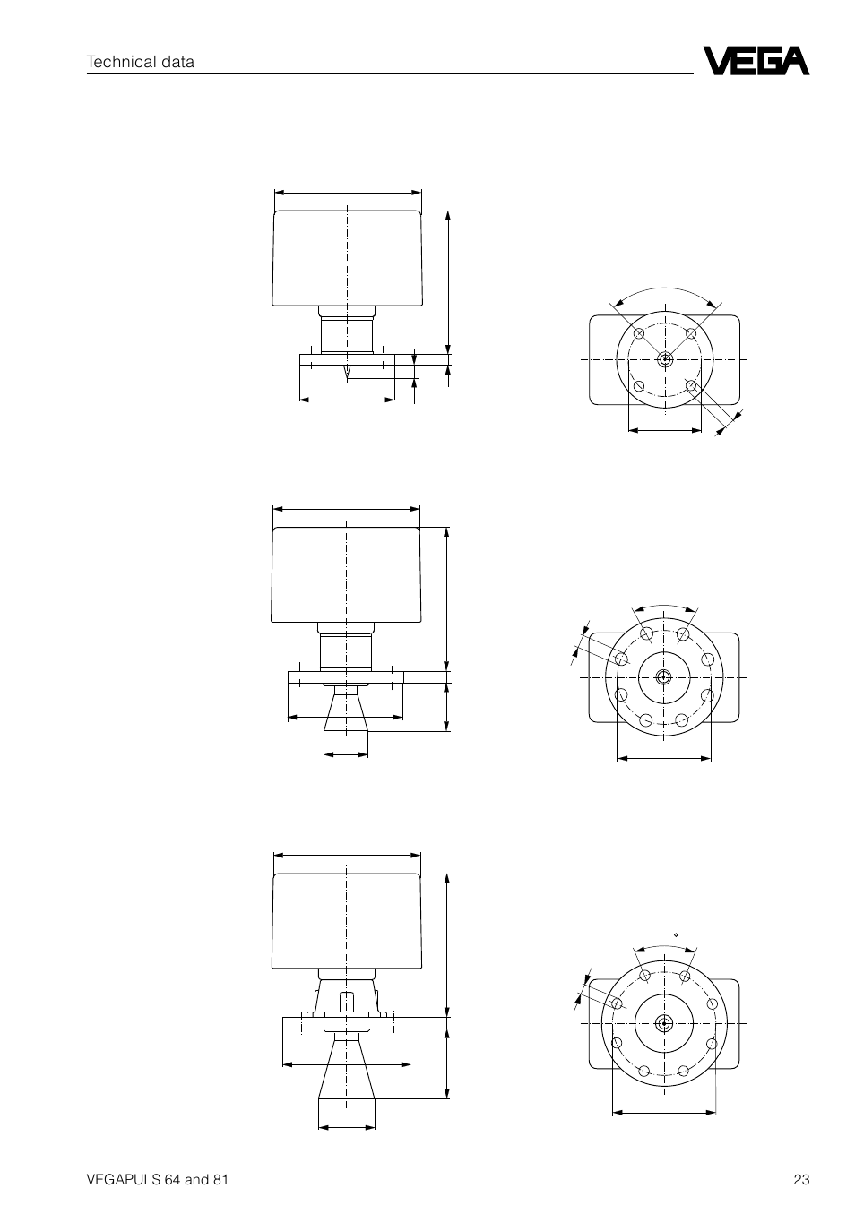 3 dimensions, Vegapuls 64 f…, standard and stex-versions, Technical data | VEGA VEGAPULS 81 User Manual | Page 23 / 84
