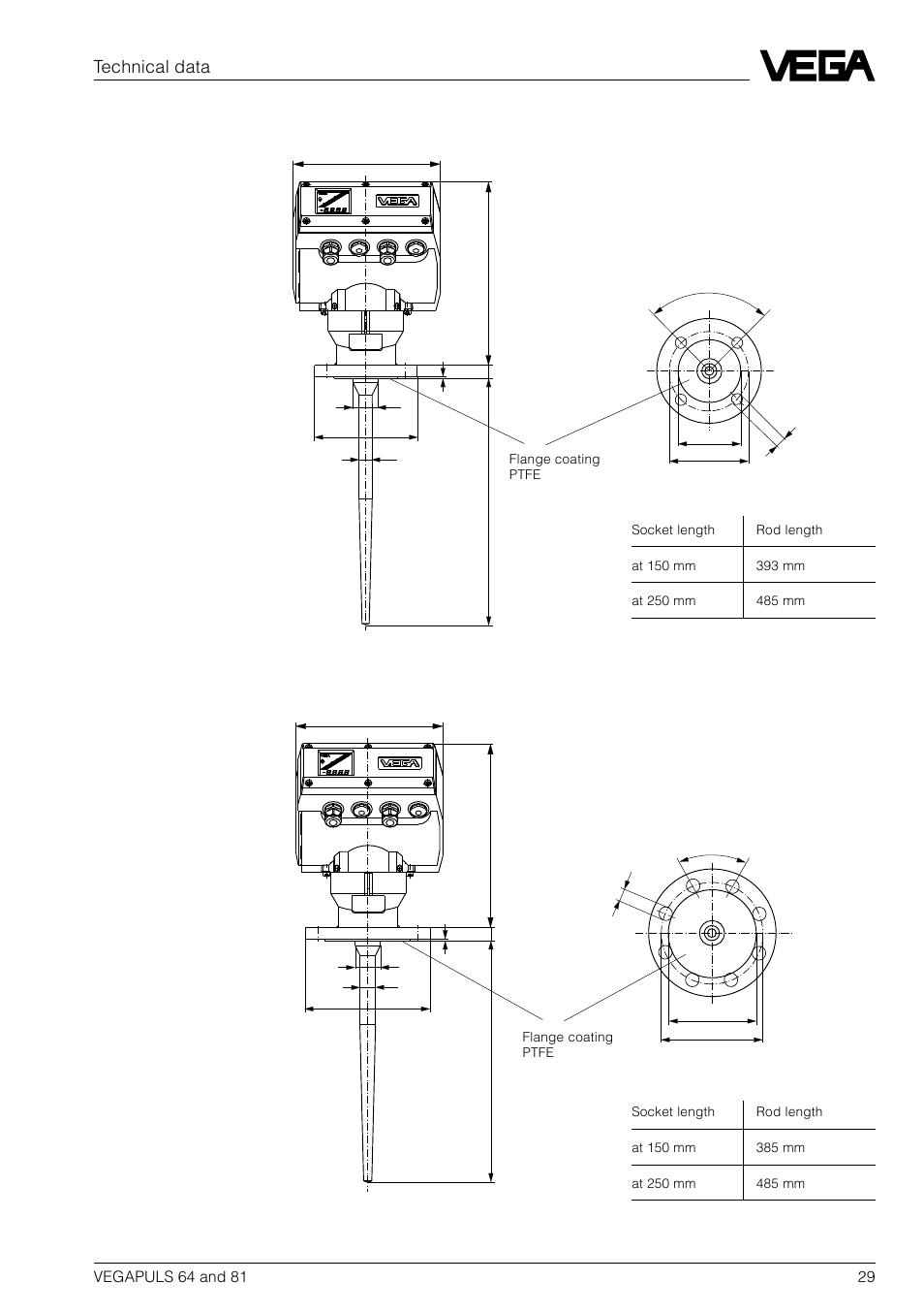 Vegapuls 81 d…, instruments for all ex-areas, Technical data, Dn 50 rod antenna dn 80 rod antenna | VEGA VEGAPULS 81 User Manual | Page 29 / 84