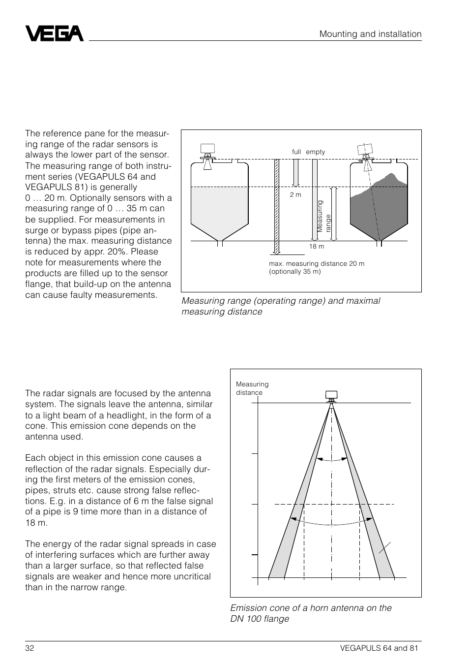 4 mounting and installation, 1 general installation instructions, Measuring range | Emission cone and false reflections | VEGA VEGAPULS 81 User Manual | Page 32 / 84