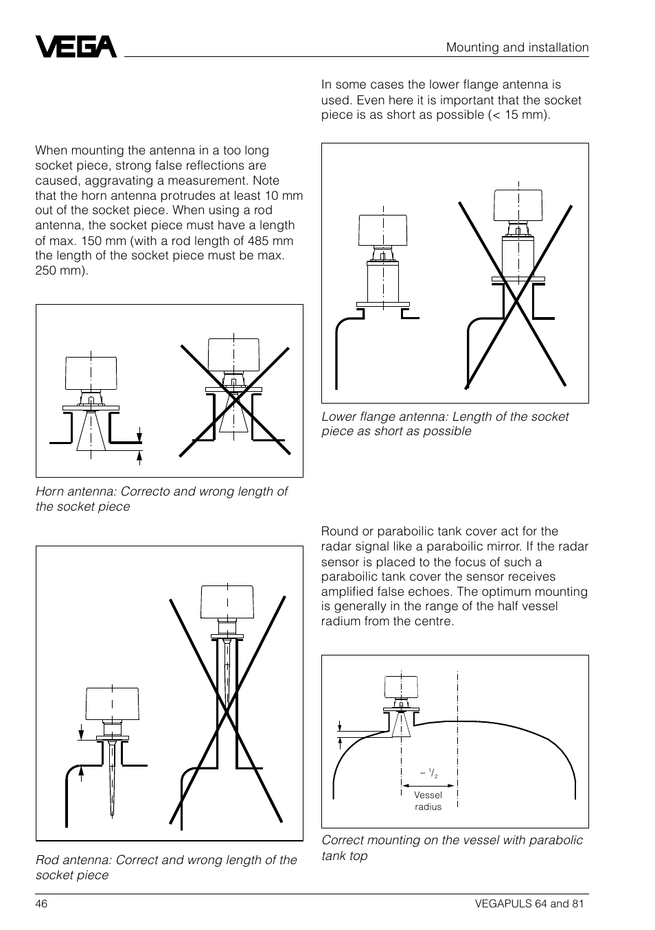6 installation fault, Socket piece too long | VEGA VEGAPULS 81 User Manual | Page 46 / 84