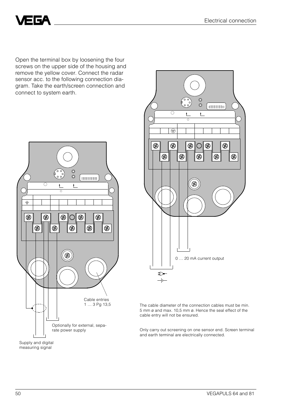 3 connection diagrams of vegapuls 64 series, Vegapuls 64 fk/dk, Vegapuls 64 fv/dv | Electrical connection, Sensors with analog 0 … 20 ma current output, Sensors with digital measuring signal | VEGA VEGAPULS 81 User Manual | Page 50 / 84