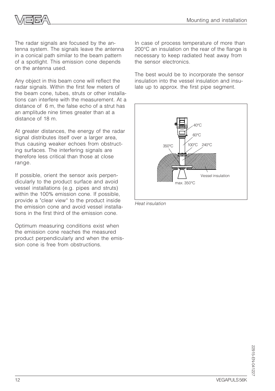 Heat insulation, Emission cone and false echoes | VEGA VEGAPULS 56K User Manual | Page 12 / 68